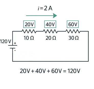 Imagem: exemplo prático fonte de 120v, corrente de 2a e quedas de tensão proporcionais.
