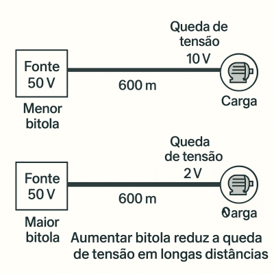 Imagem: Aumentar a bitola reduz a queda de tensão em longas distancias.