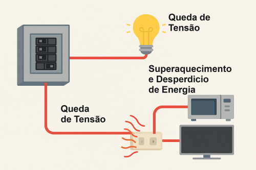 Imagem: Cabos longos e finos causam queda de tensão e aquecimento.