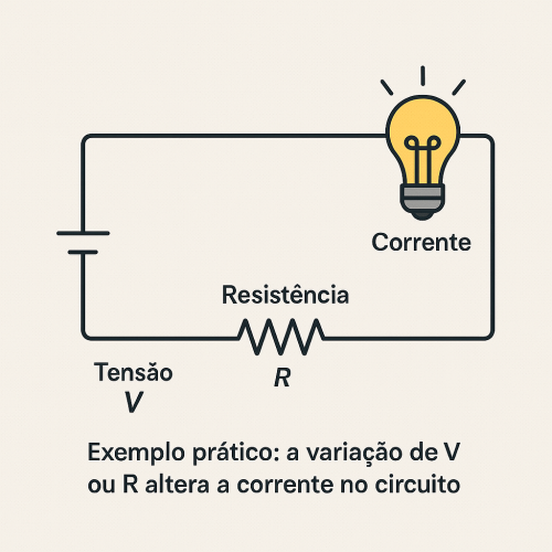 Imagem: Exemplo prático: a variação de V ou R altera a corrente no circuito.