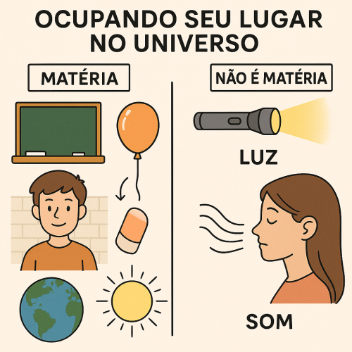 Imagem: Matéria ocupa espaço; luz e som não