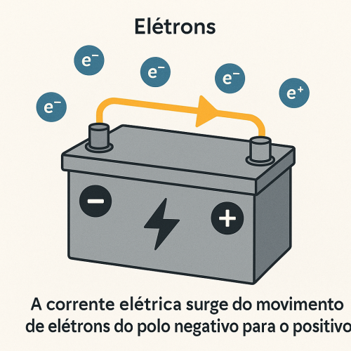 Imagem: Os elétrons (e⁻) se movem do polo negativo para o polo positivo da bateria.