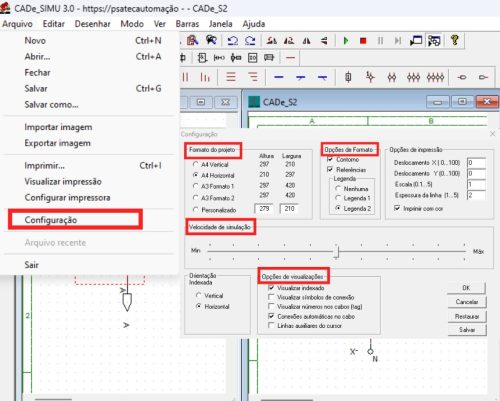 configuração da página de trabalho