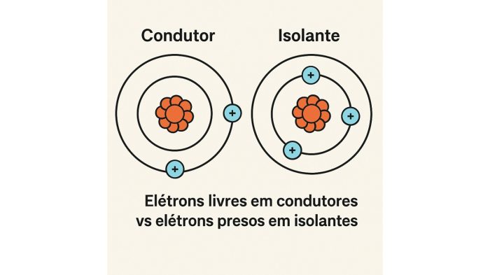 Imagem: Elétrons livres em condutores vs elétrons presos em isolantes.